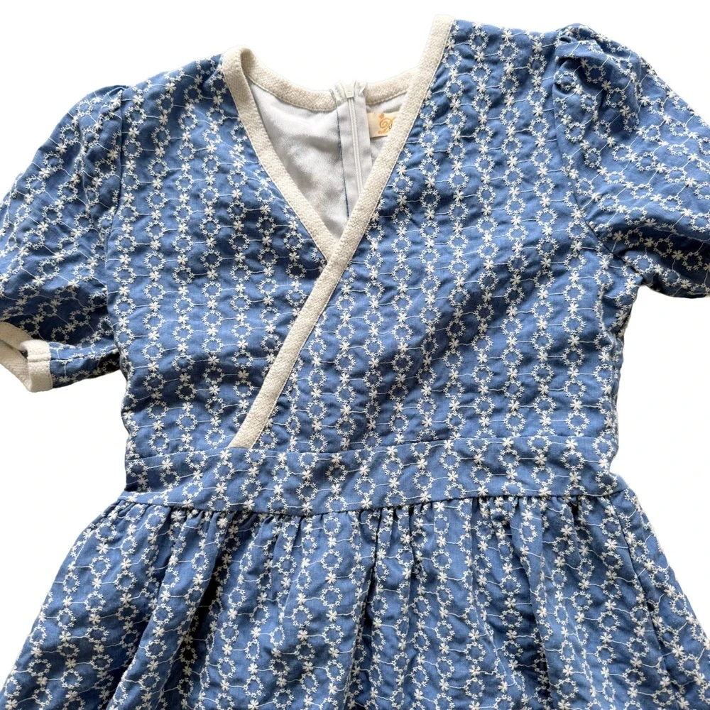 Dress Code Korea Blue White Floral Eyelet Puff Sleeve Wrap Midi Dress Womens - Picture 2 of 9